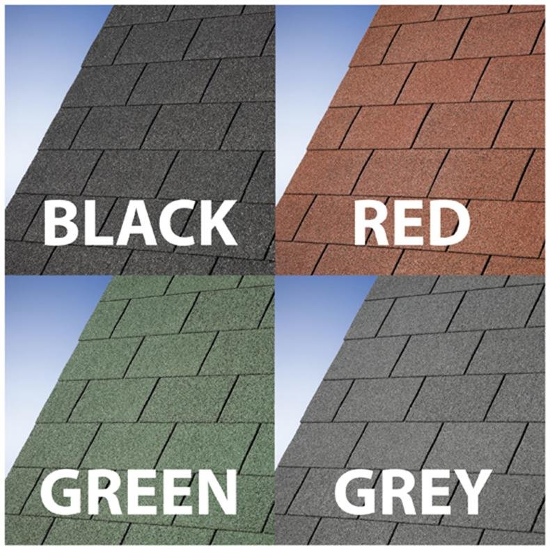 Red, black, green, and grey roofing shingle designs quartered