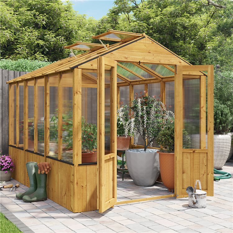 Lincoln Wooden Greenhouse with Polycarbonate walls in a modern garden