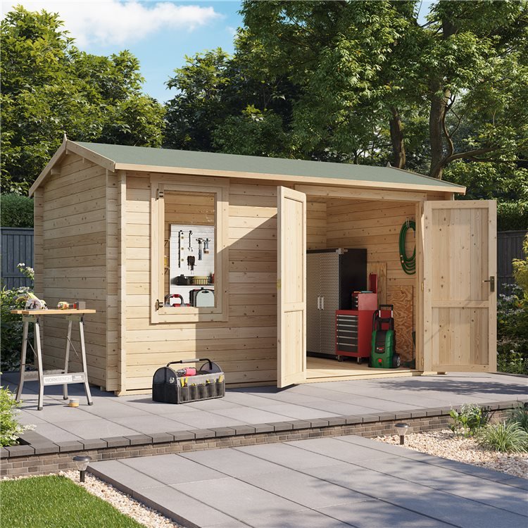 A Log Cabin workshop with doors open