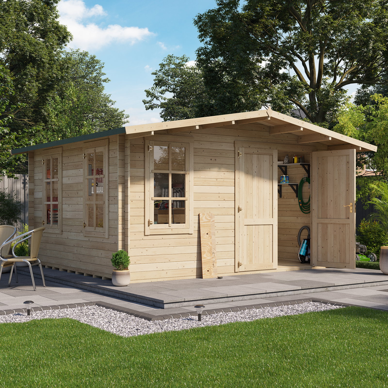 4.0m x 4.0m BillyOh Alpine Workshop 28mm Log Cabin - Overhanging Apex Roof, Double Doors, 3 Opening Windows - Garden Workshop, Log Cabin Shed