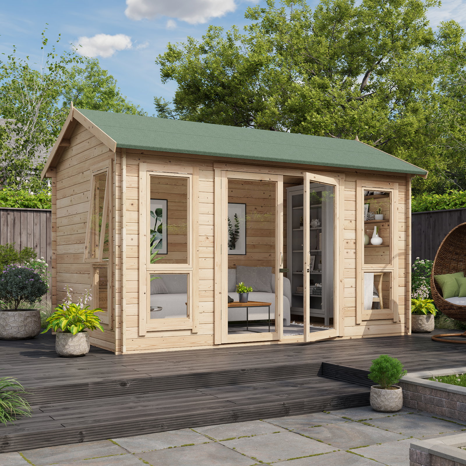 3.7m x 2.4m Log Cabin - BillyOh Darcy Log Cabin Summerhouse - 12x8 Modern Double Door 28mm Reverse Apex Cabin (12 x 8)