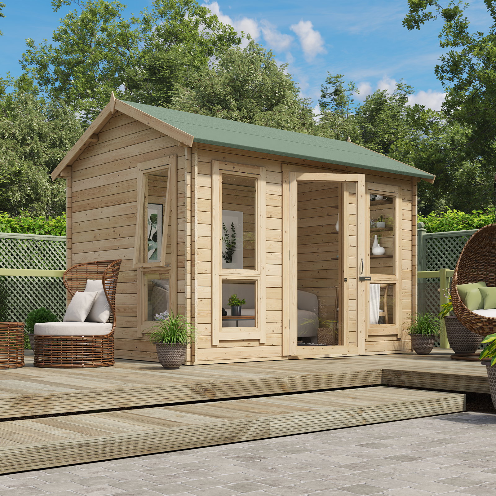 3.0m x 2.4m Pressure Treated Log Cabin - BillyOh Darcy Log Cabin Summerhouse - 10x8 Modern Single Door 19mm Reverse Apex Cabin (10 x 8)