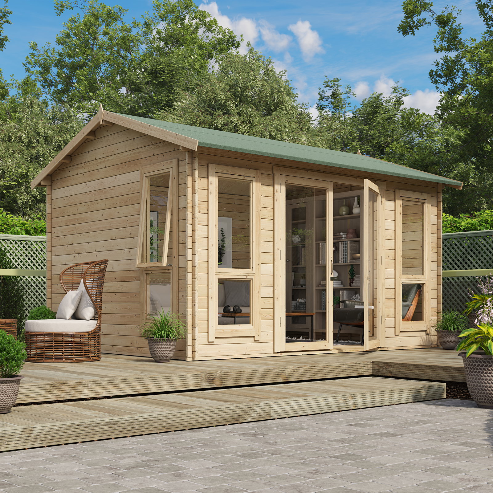 3.7m x 3.0m Pressure Treated Log Cabin - BillyOh Darcy Log Cabin Summerhouse - 12x10 Modern Double Door 19mm Reverse Apex Cabin (12 x 10)
