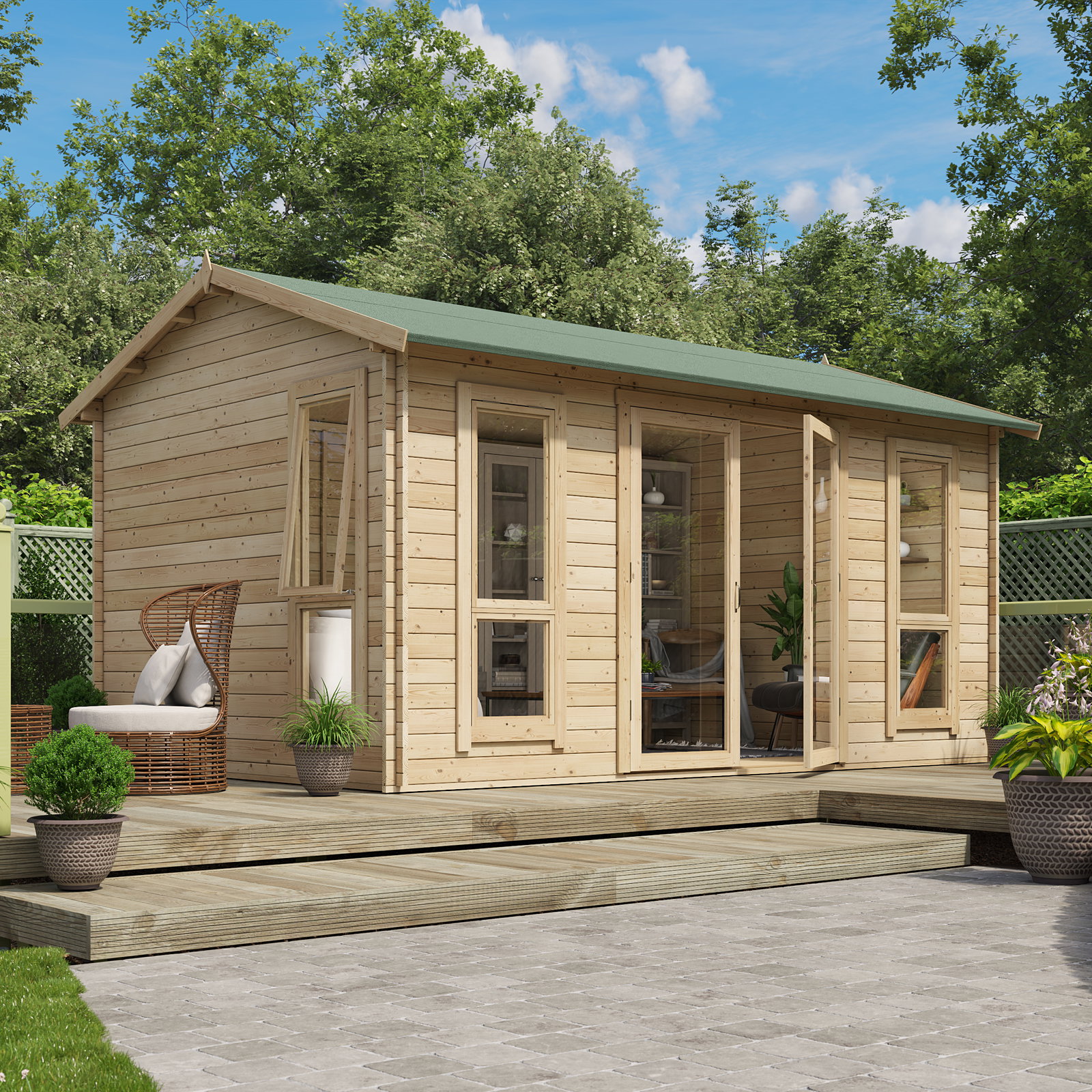 4.3m x 3.0m Pressure Treated Log Cabin - BillyOh Darcy Log Cabin Summerhouse - 14x10 Modern Double Door 19mm Reverse Apex Cabin (14 x 10)