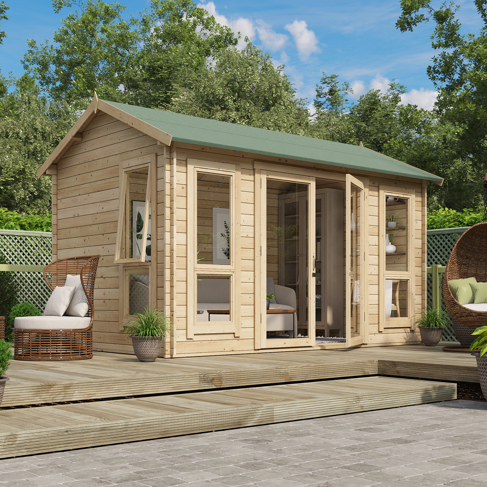 3.7m x 2.4m Pressure Treated Log Cabin - BillyOh Darcy Log Cabin Summerhouse - 12x8 Modern Double Door 28mm Reverse Apex Cabin (12 x 8)
