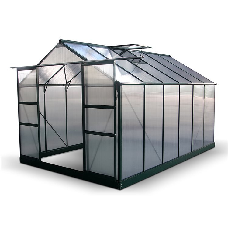 Metal greenhouse with polycarbonate panels with open door and vent