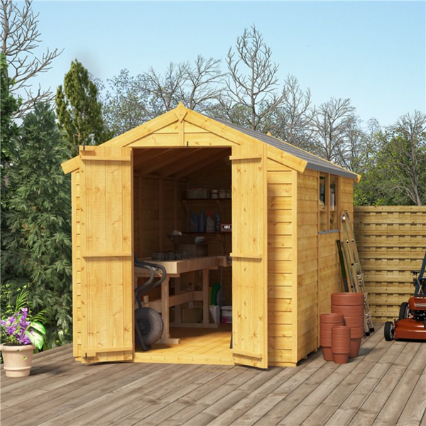 BillyOh Keeper Overlap Apex Shed on a wooden deck