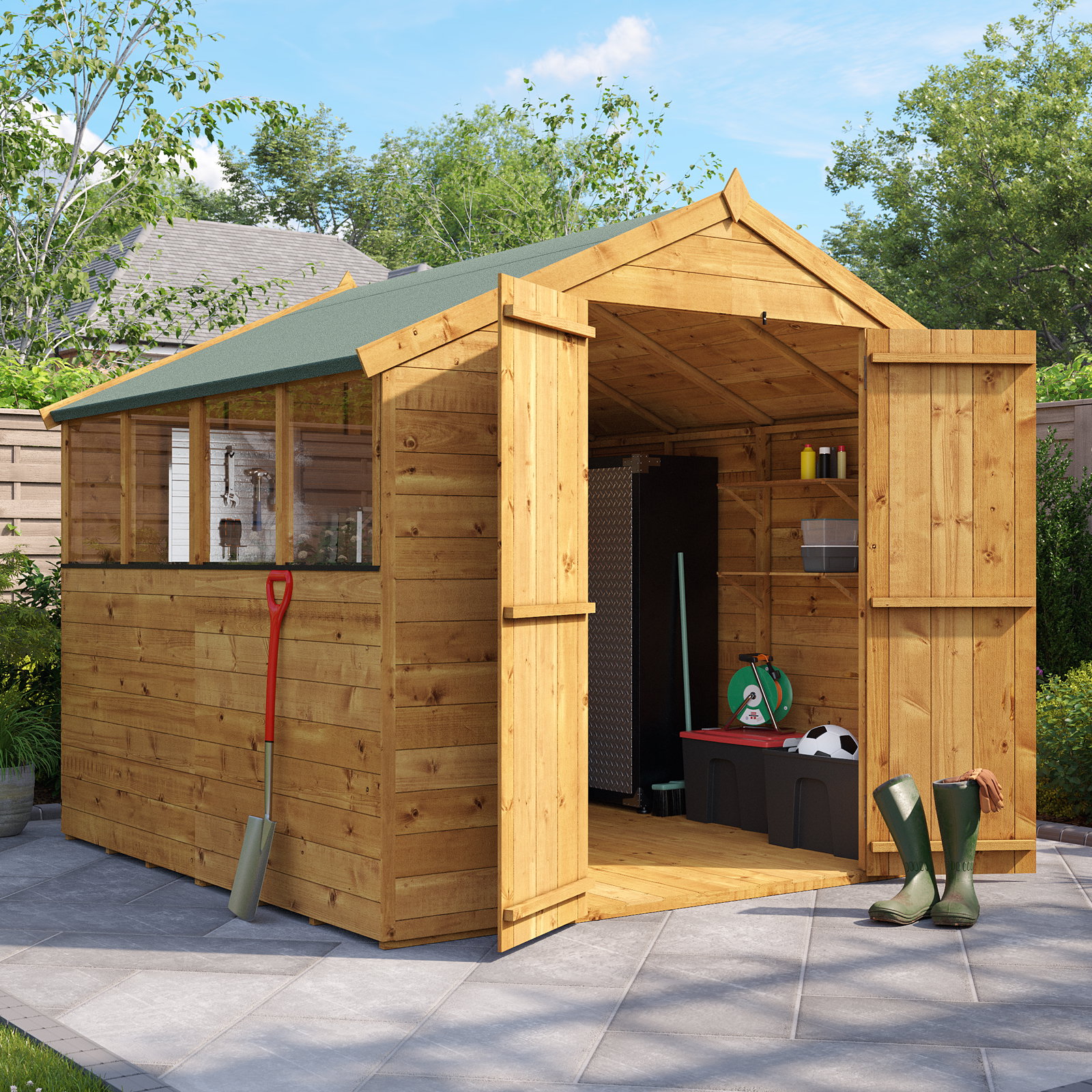 8x8 BillyOh Master Tongue and Groove Apex Shed with Windows - Double Doors, Pre-Assembled Panels - Wooden Garden Storage Shed, Workshop