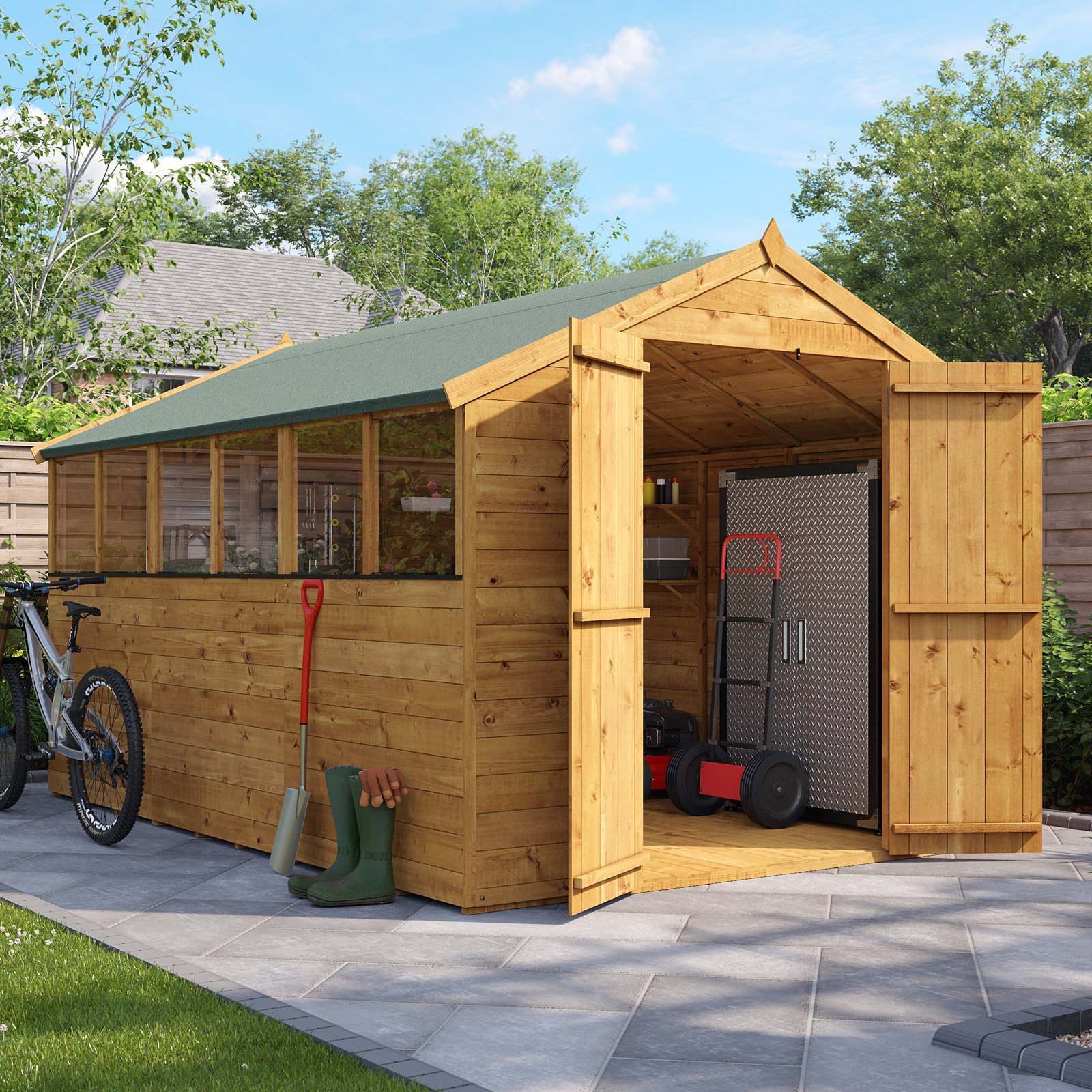 12x8 BillyOh Master Tongue and Groove Apex Shed with Windows - Double Doors, Pre-Assembled Panels - Wooden Garden Storage Shed, Workshop