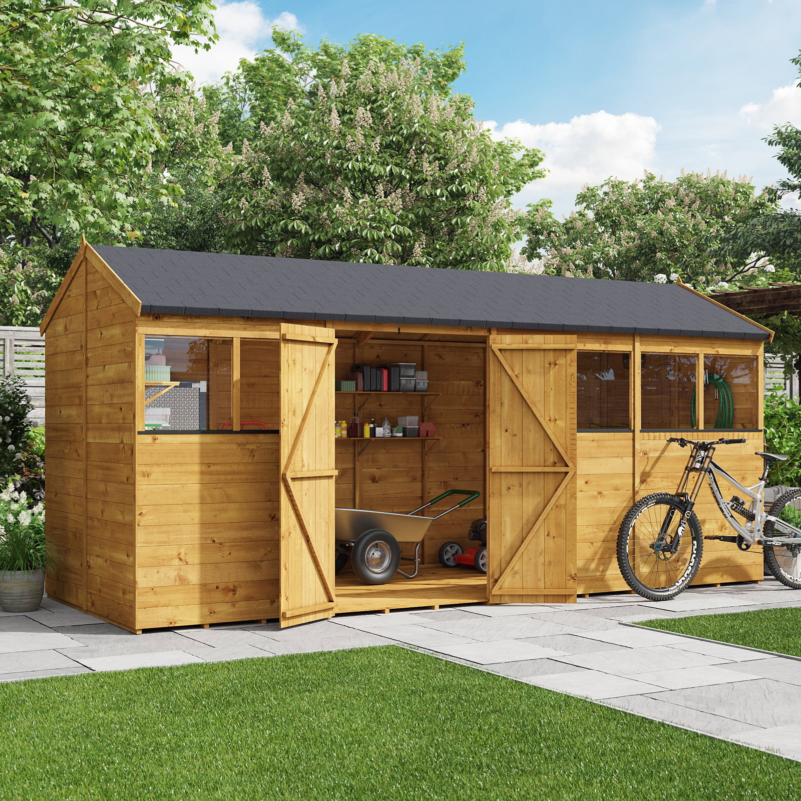 16x6 BillyOh Expert Classic Tongue and Groove Reverse Apex Shed with Windows - Double Doors, Pre-Assembled Panels - Wooden Garden Workshop