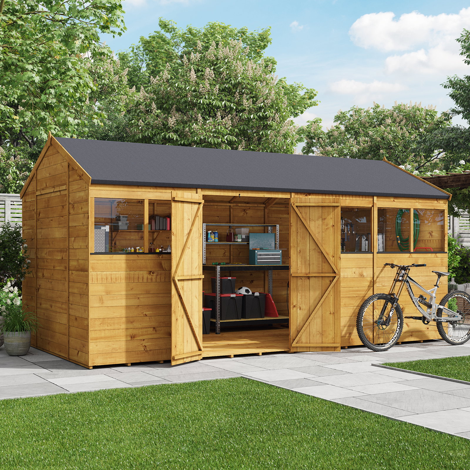 16x8 BillyOh Expert Classic Tongue and Groove Reverse Apex Shed with Windows - Double Doors, Pre-Assembled Panels - Wooden Garden Workshop