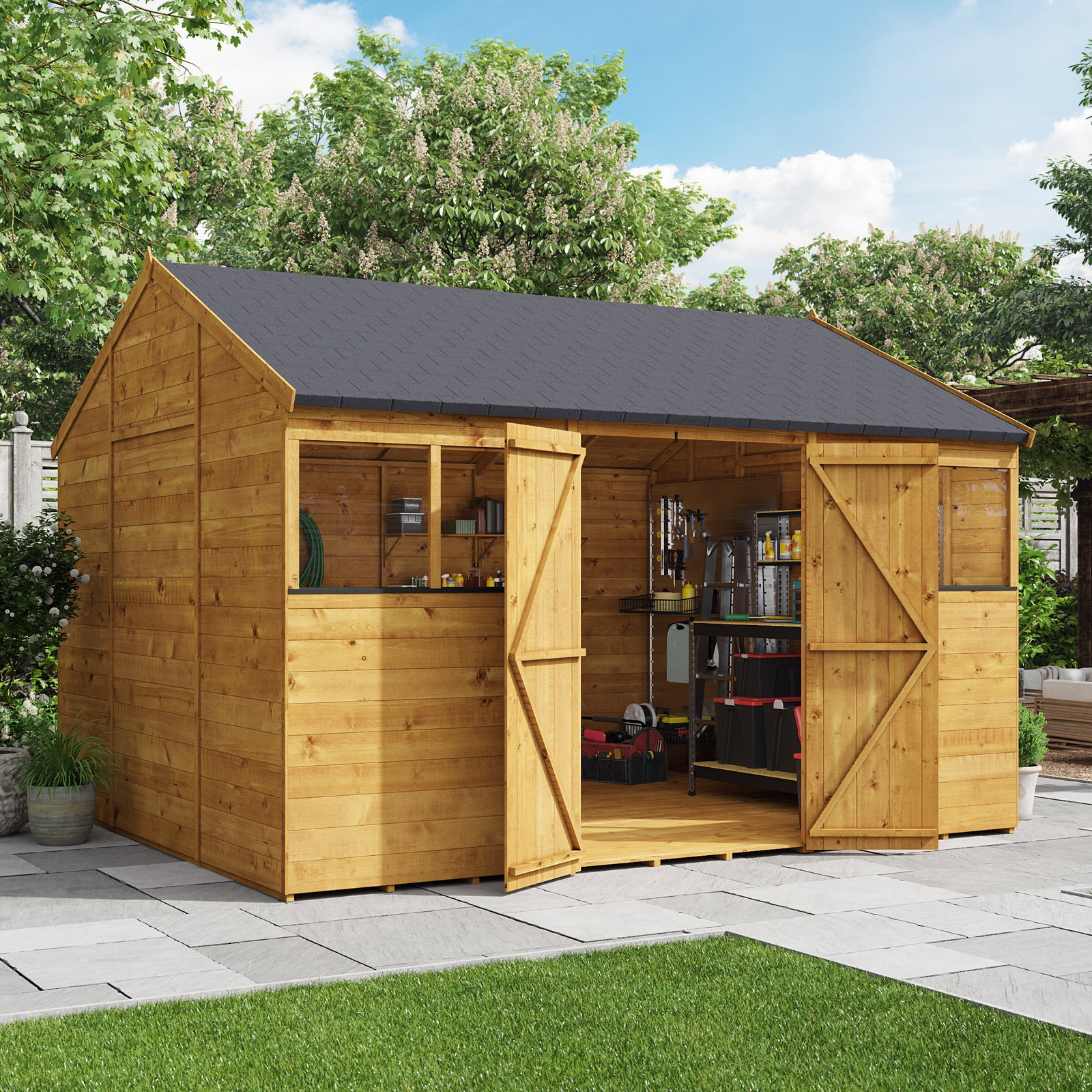 12x10 BillyOh Expert Classic Tongue and Groove Reverse Apex Shed with Windows - Double Doors, Pre-Assembled Panels - Wooden Garden Workshop