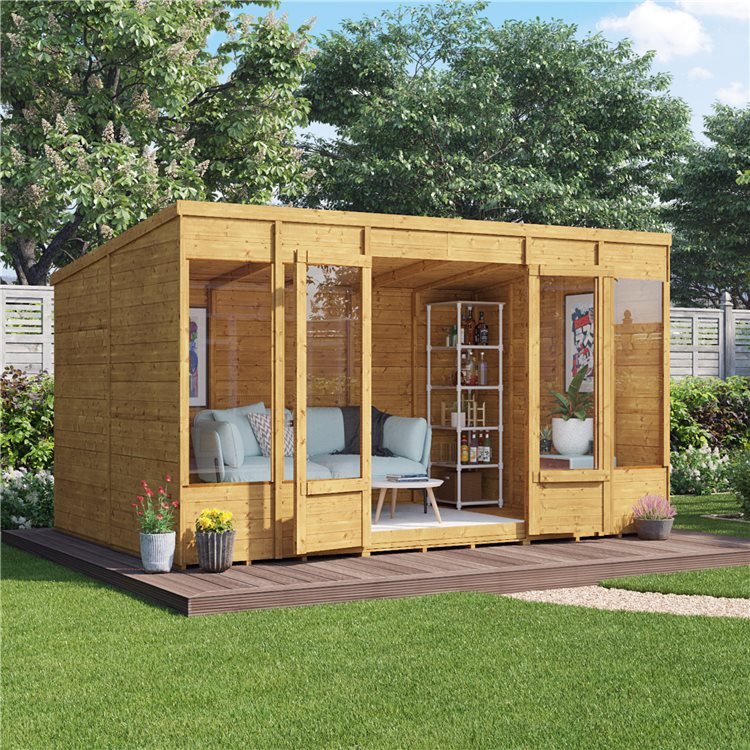 Bella modern summerhouse on wooden decking with doors open in a lush garden