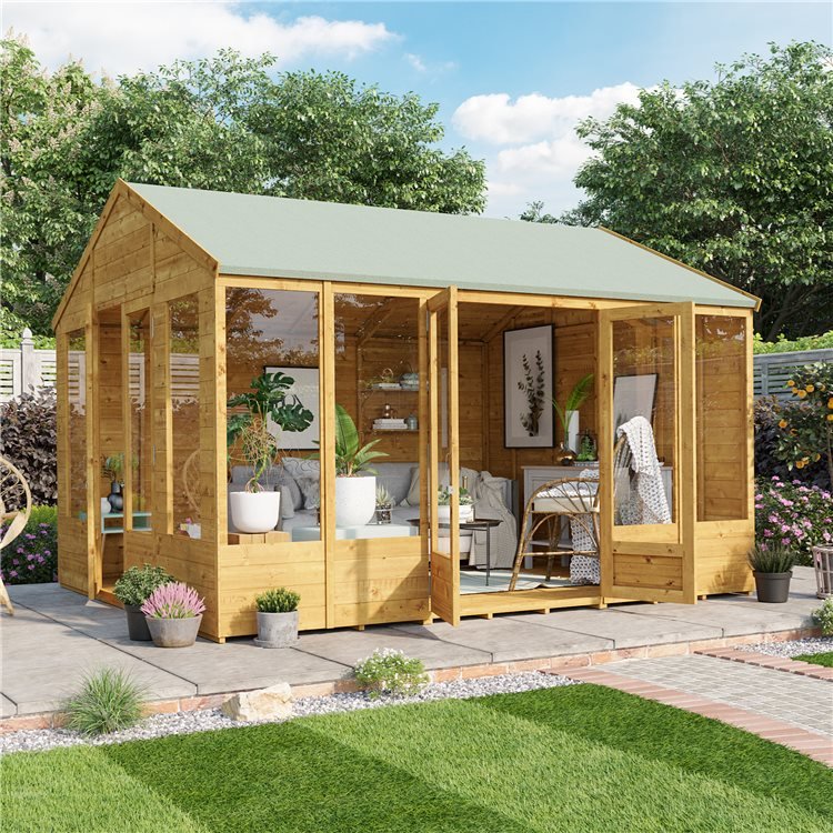 Tessa Wooden Summerhouse with large glazed windows and all doors open 