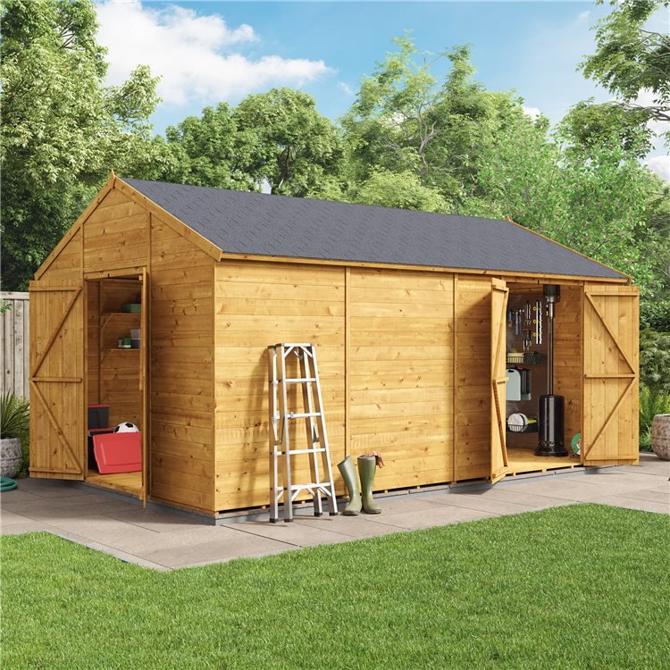 Windowless wooden workshop shed with all doors open and tools stored inside