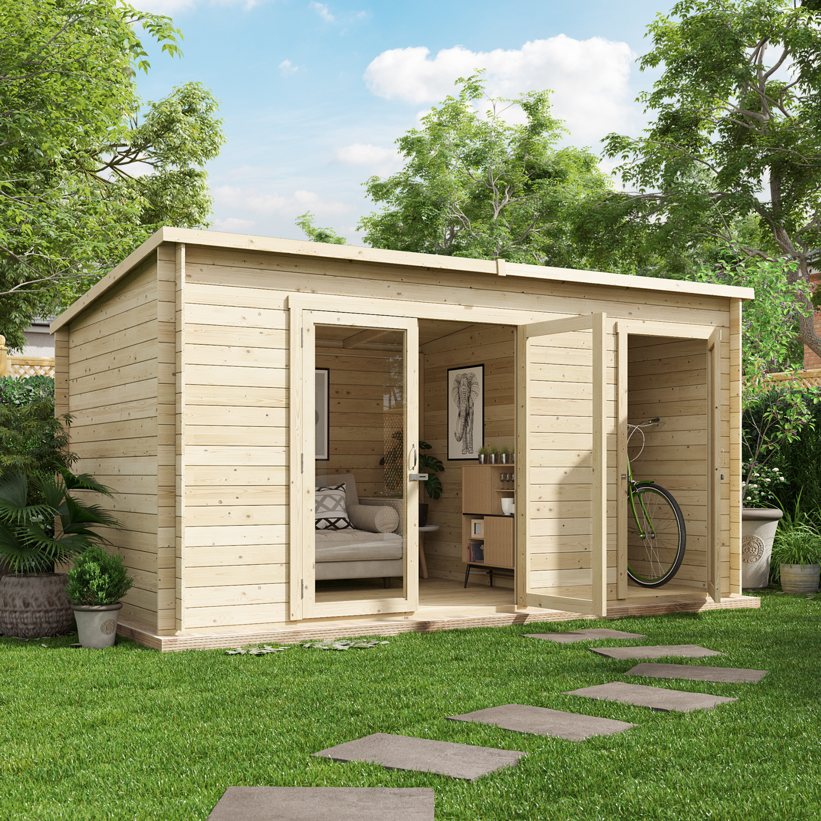 4.0m x 2.5m BillyOh Tianna 19mm Log Cabin Summerhouse with Side Store - Pent Roof, Double Doors - 14x8ft Garden Room, Summerhouse with Storage