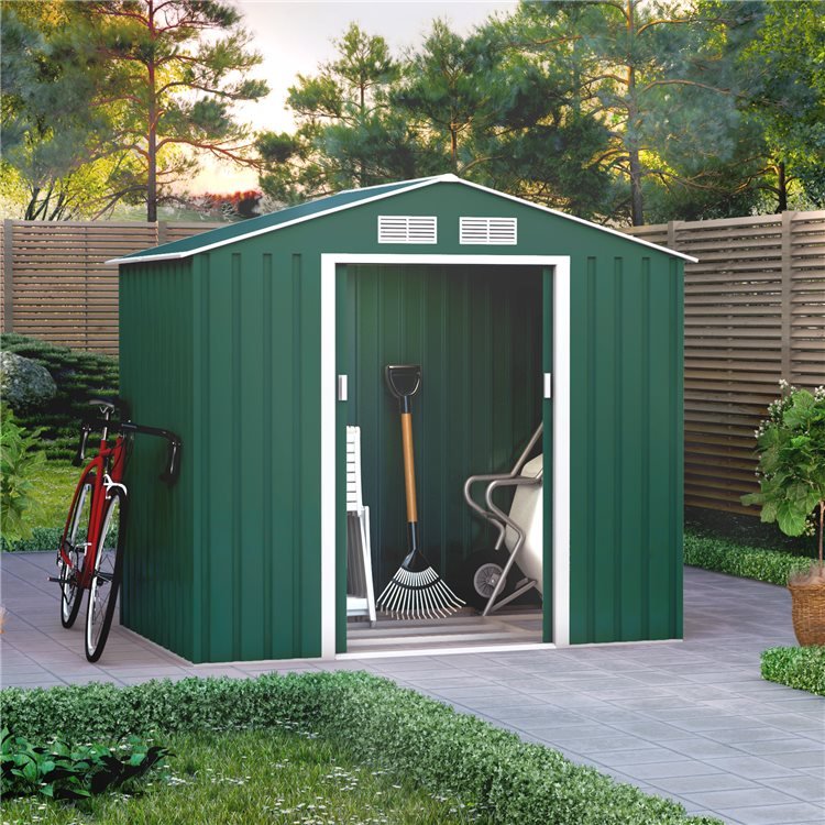 7x4 Ranger Apex Metal Shed With Foundation Kit Dark Green Billyoh