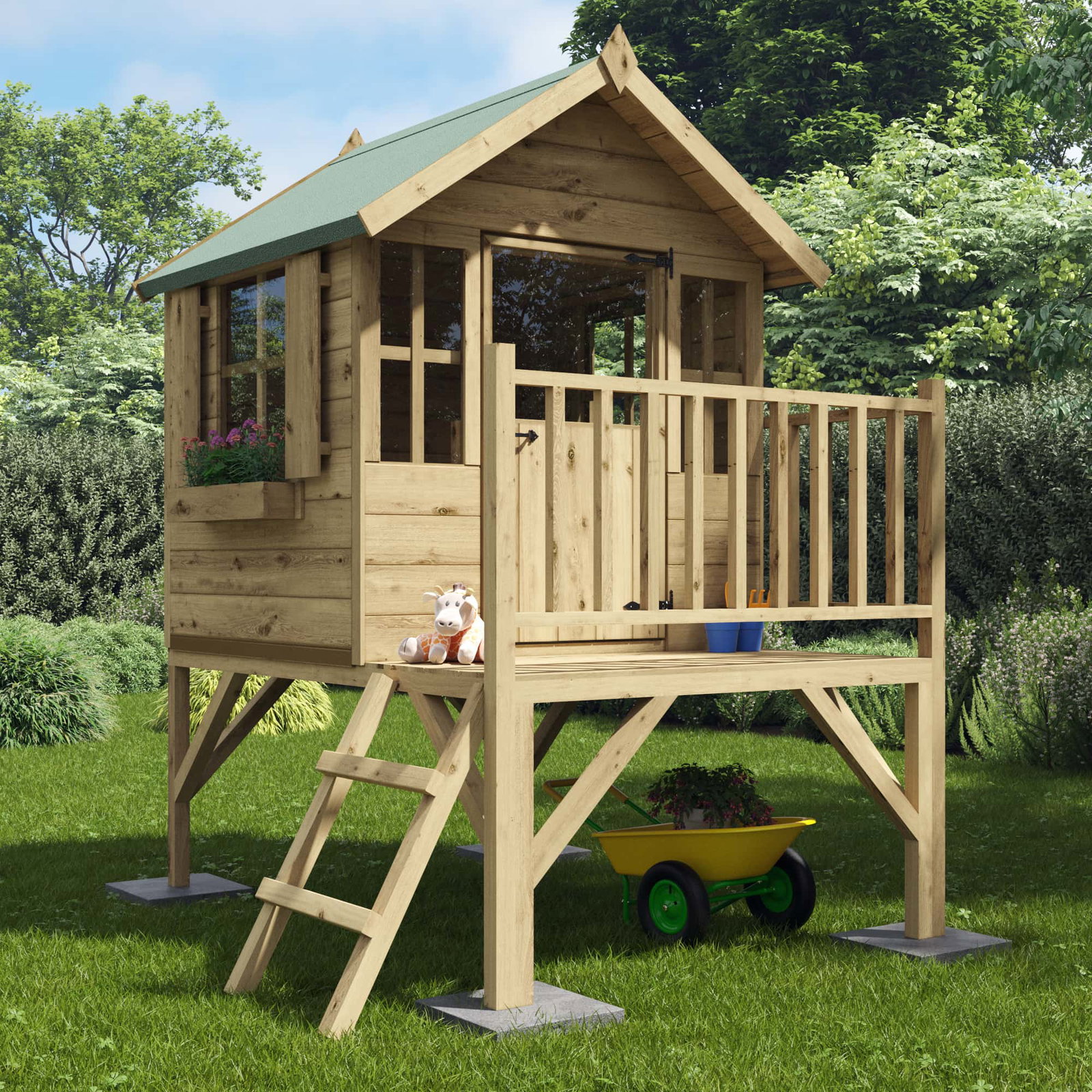 4x4 BillyOh Bunny Max Tower Playhouse - Raised Playhouse, Pressure Treated, Apex Roof, 4 Windows - Wooden Kids Playhouse with Ladder