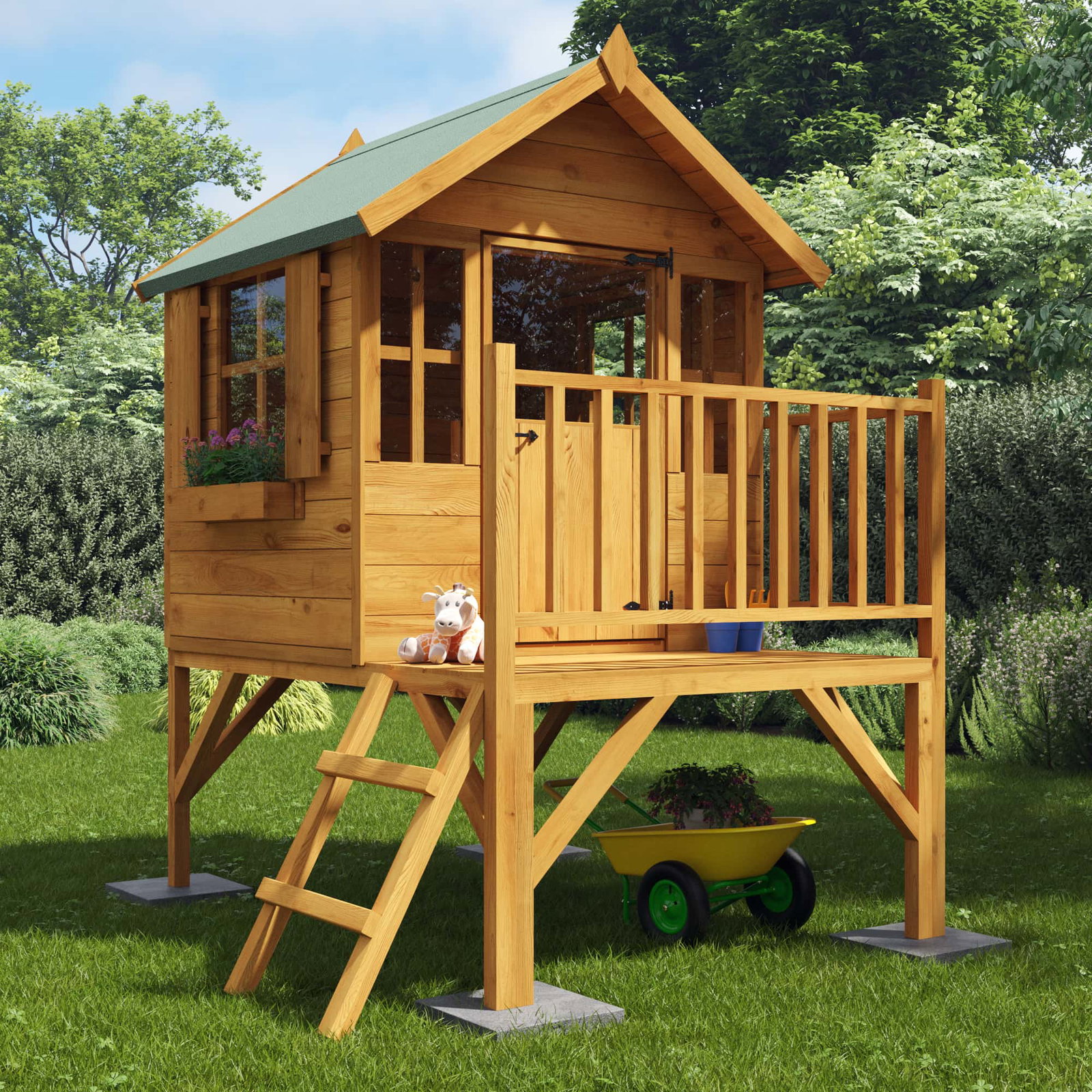4x4 BillyOh Bunny Max Tower Playhouse - Raised Playhouse, Apex Roof, 4 Windows - Wooden Kids Playhouse with Ladder