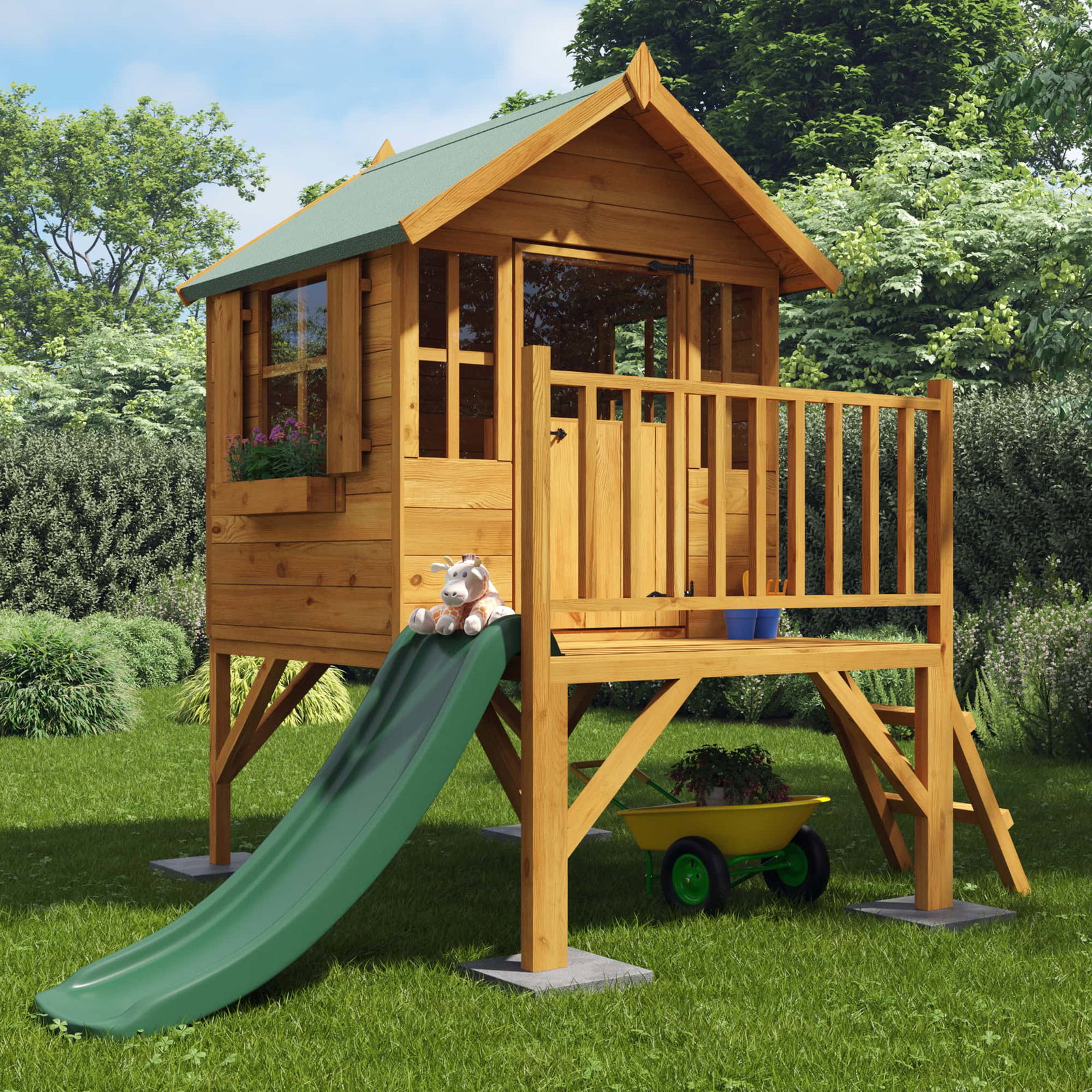 4x4 BillyOh Bunny Max Tower Playhouse with Slide - Raised Playhouse, Apex Roof, 4 Windows - Wooden Kids Garden Playhouse