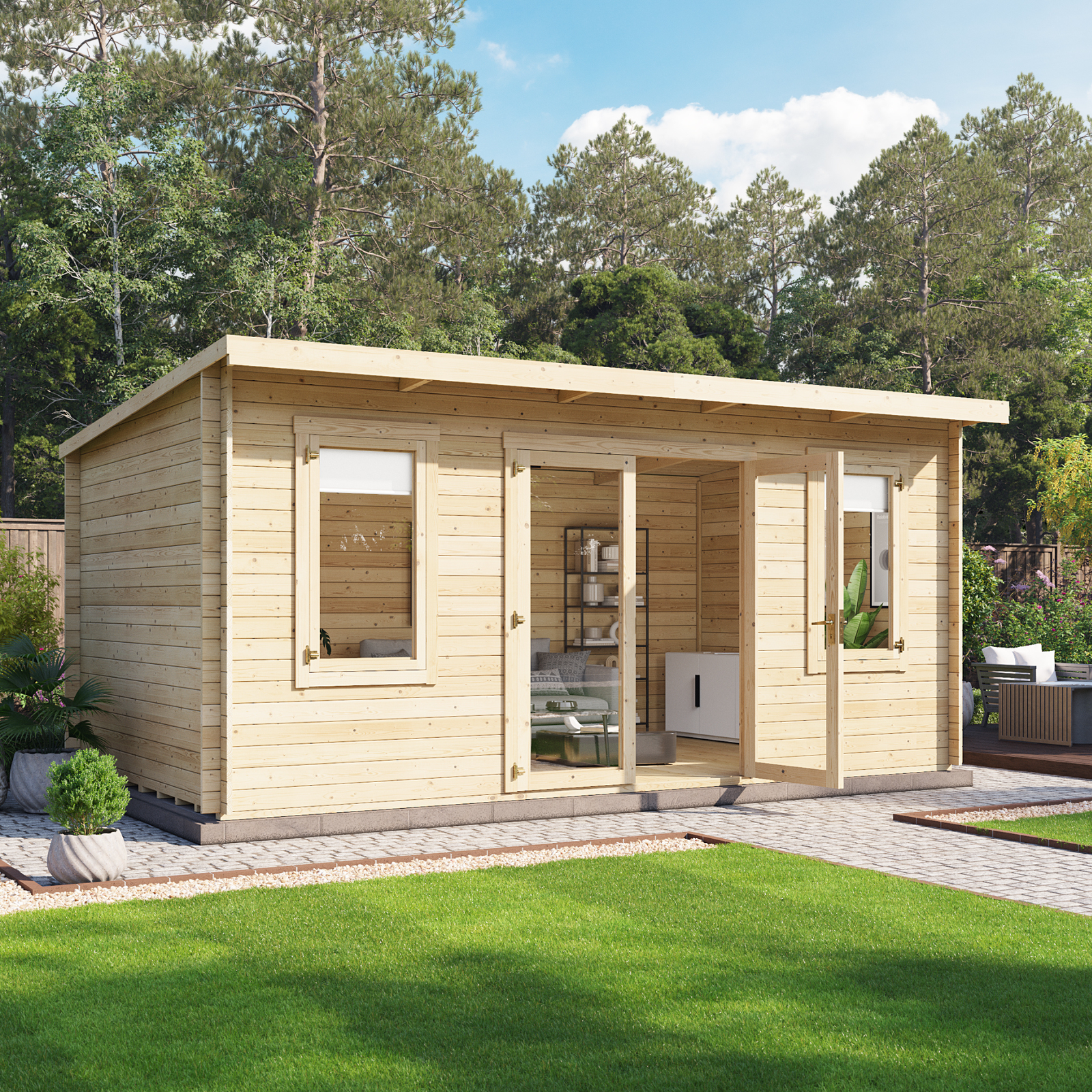 5.0m x 3.0m BillyOh Fraya Pent Log Cabin - 44mm Thick Wooden Summerhouse, Garden Office or Studio
