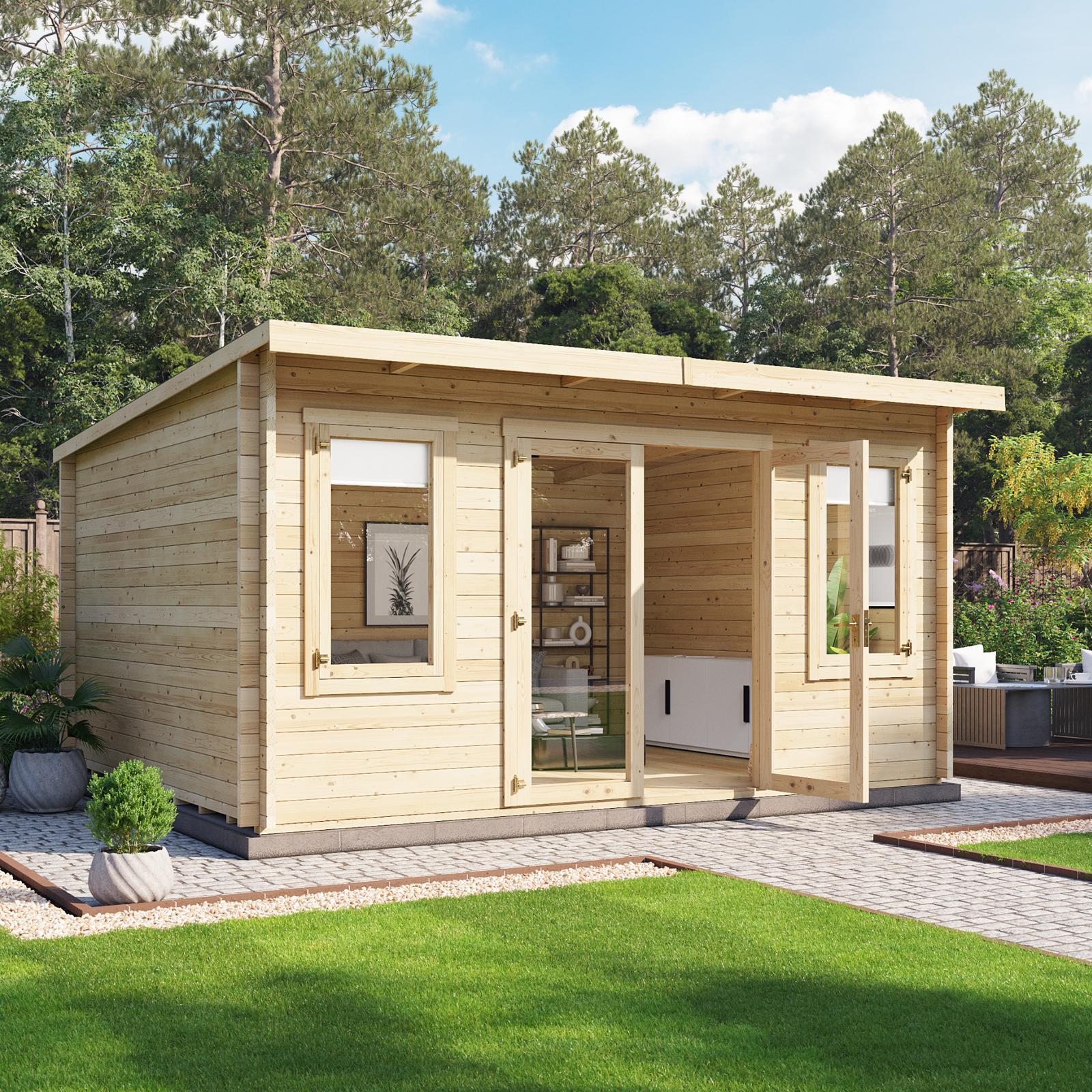 5x3 BillyOh Fraya Pent Log Cabin 4..5m 44mm Wooden Summerhouse (4.5m x 3.5m)