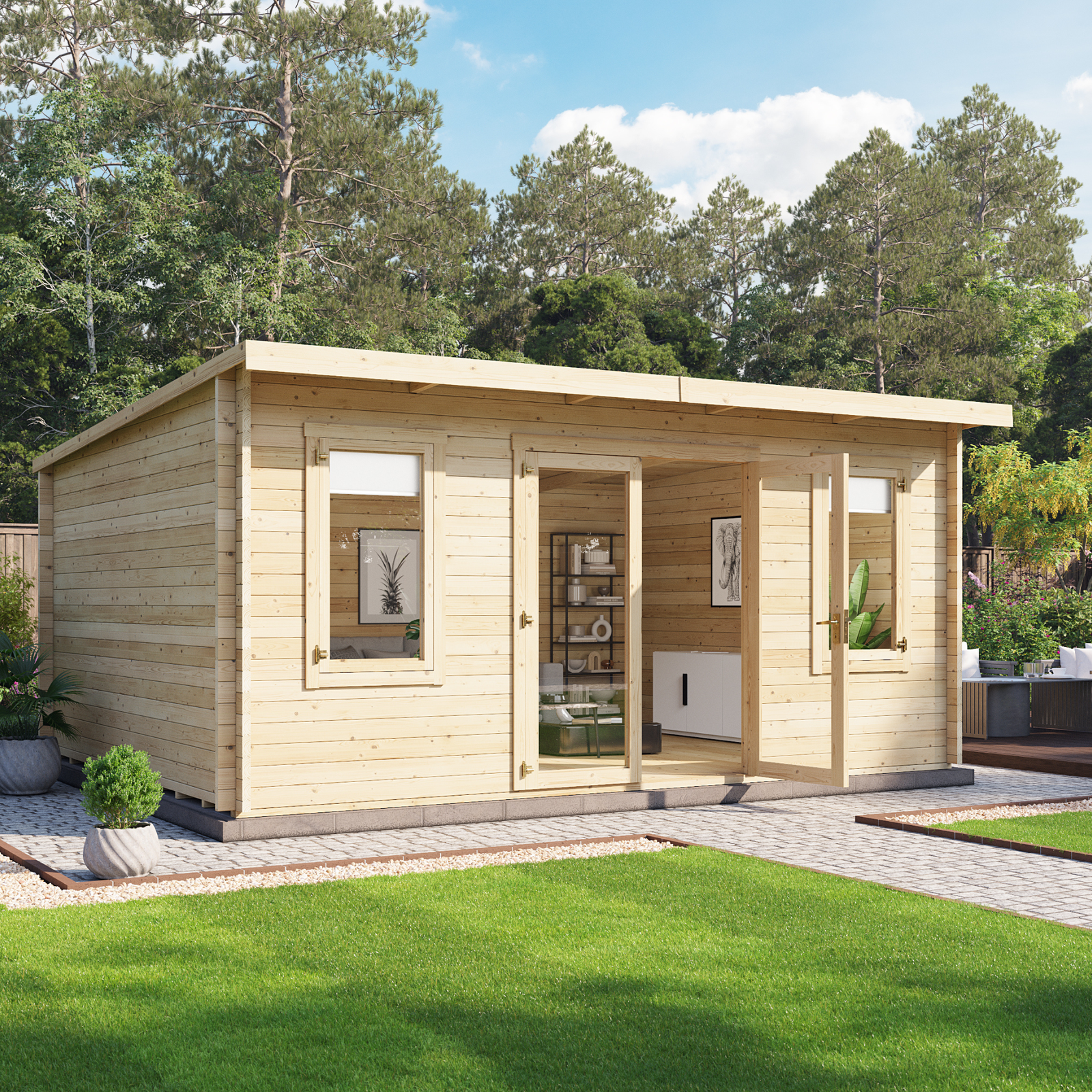 5x4m BillyOh Fraya Pent Log Cabin 44mm Wooden Summerhouse (5m x 4m)