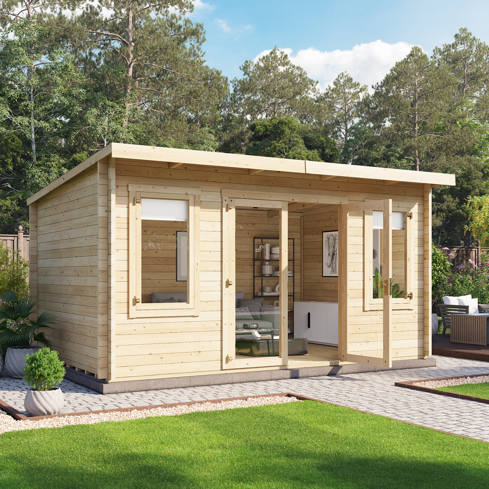 4.5x3m BillyOh Fraya Pent Log Cabin 44mm Wooden Summerhouse (4.5m x 3m)