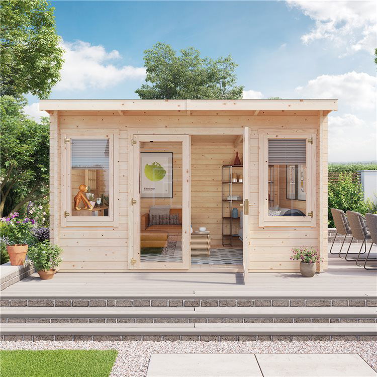 Fraya Log Cabin in a patio garden viewed from the front.