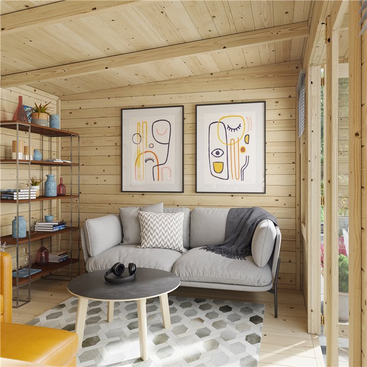 Log Cabin interior with comfortable modern furnishings 