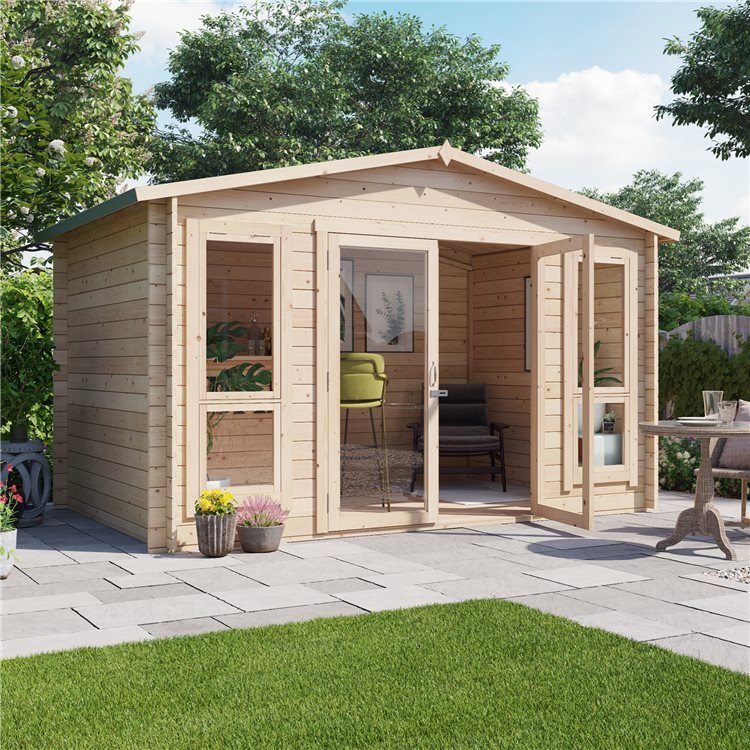Sasha Log Cabin with one double door open in modern garden