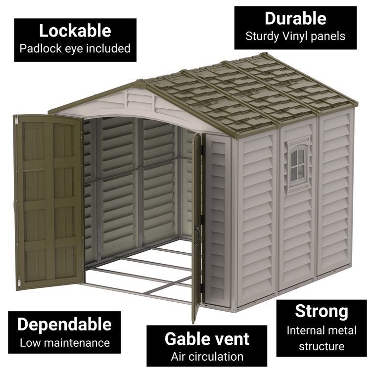 Diagram of a plastic shed with labels for different features