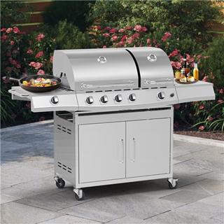 BillyOh Dallas Silver 5 Burner Gas BBQ Grill with Side Burner & Side Table Includes Cover & Regulator