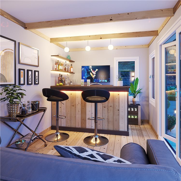 A Garden Bar setup in a furnished Log Cabin