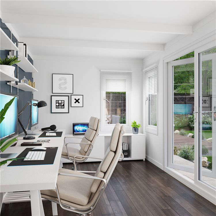 Garden Room Office Workspace interior with white walls and comfortable chairs 