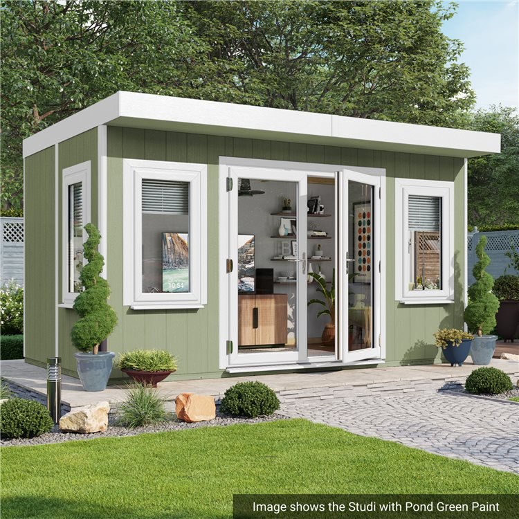 Premium garden room painted in green surrounded by a modern garden setting