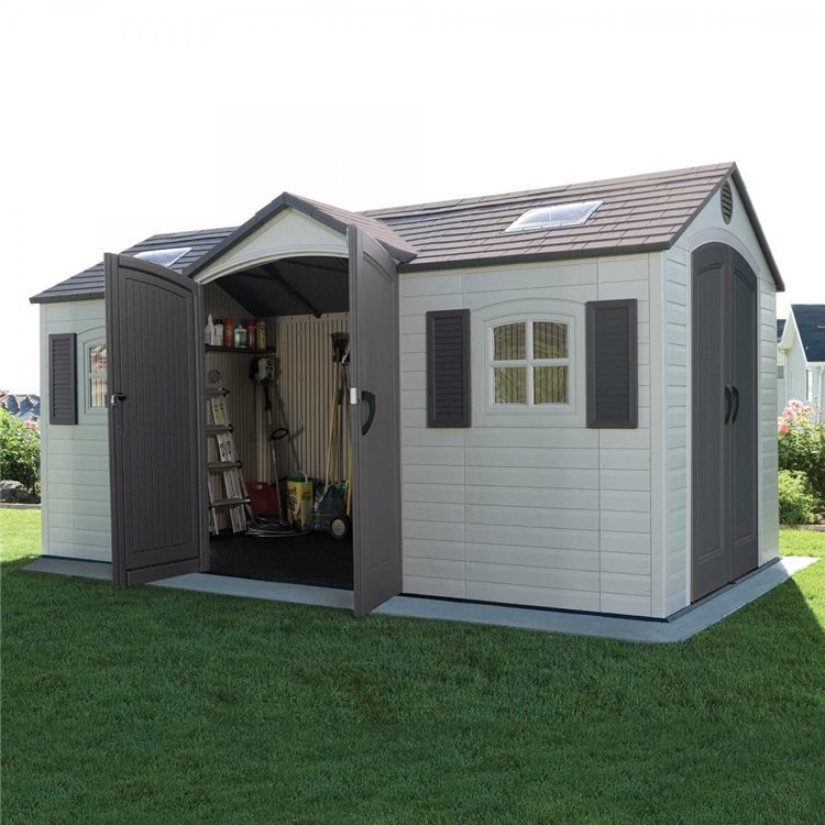 Click to view product details and reviews for Lifetime 15x8ft Heavy Duty Plastic Shed Dual Entrance.