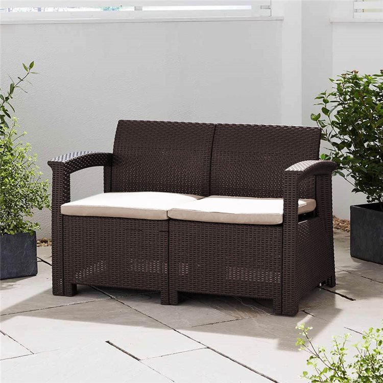 Rattan Effect 2 Seater Sofa With Cushions Brown