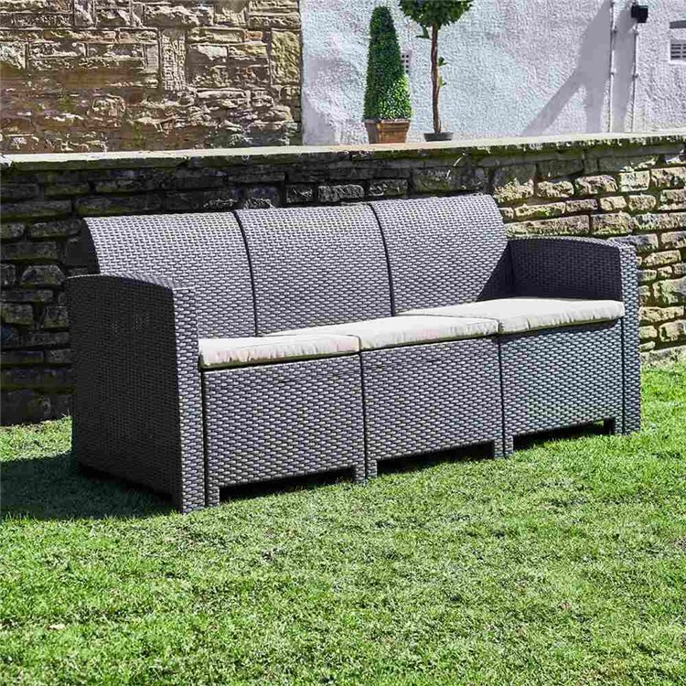 Marbella 3 Seater Rattan Effect Garden Sofa In Graphite With Cream Cushions