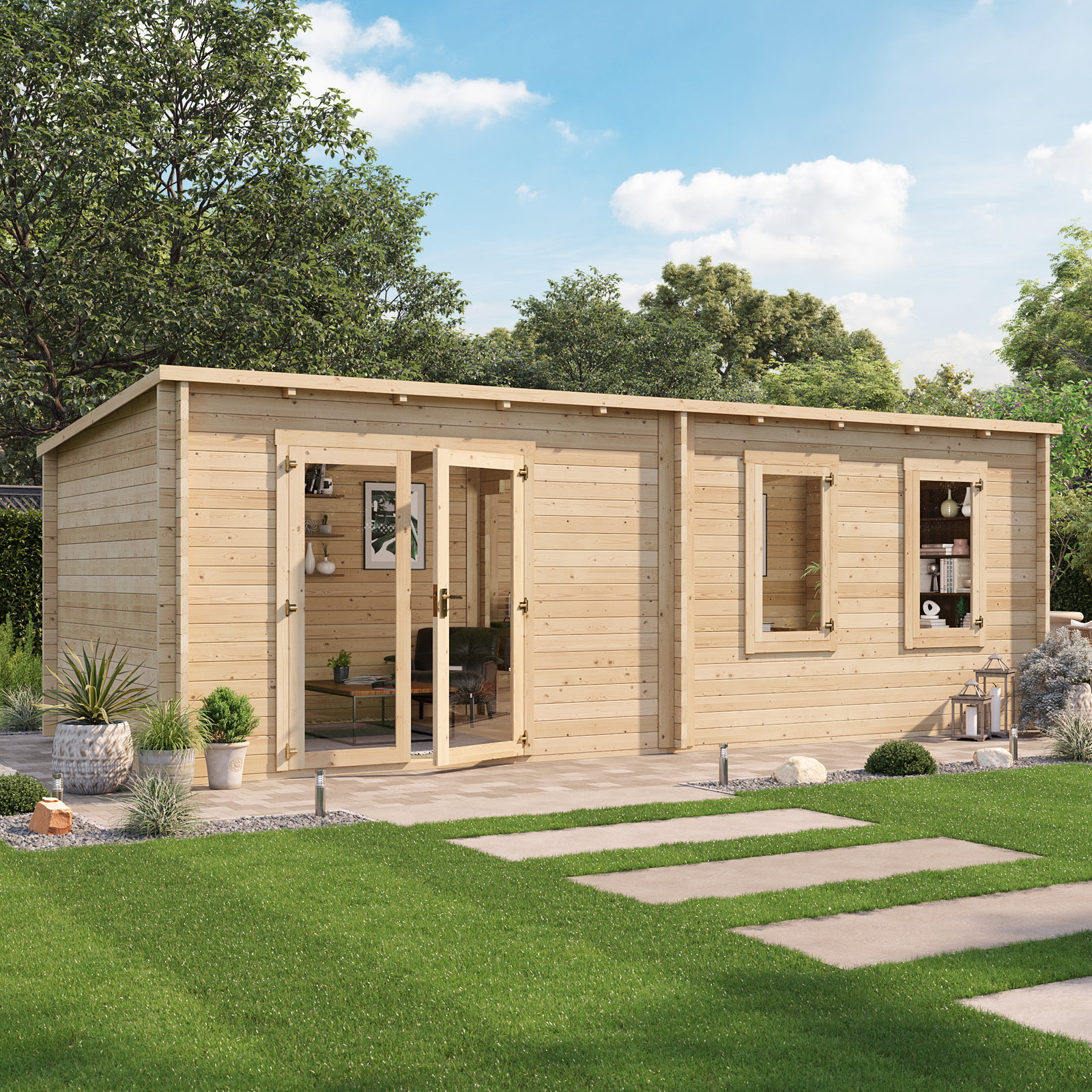 7x3m BillyOh Fraya Max 44mm Pent Log Cabin - Glazed Double Doors, 2 Opening Windows - Large Garden Office, Home Gym