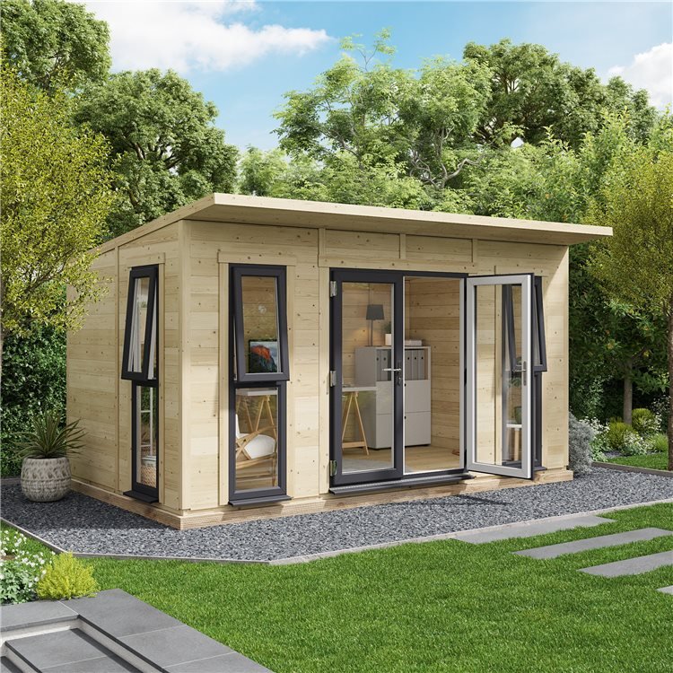 An insulated garden building with uPVC doors and windows open