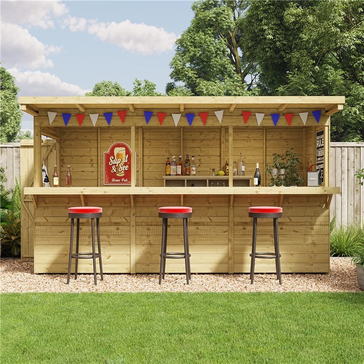 A large garden bar shed viewed from the front with 3 bar stools set at the countertop bar and lots of decorations