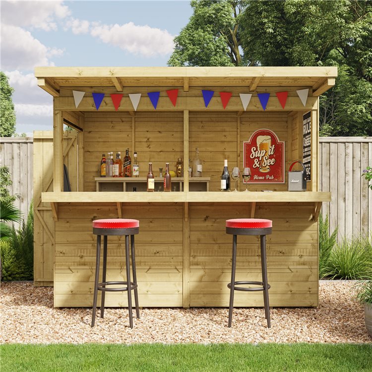 Garden bar with bunting and stools