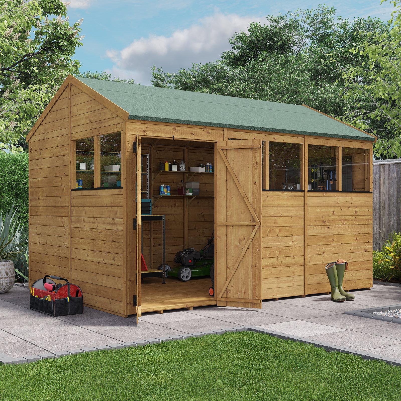 12x8 BillyOh Expert Tongue and Groove Reverse Apex Shed with Windows - Modular Door and Window Layout, Double Doors - Garden Workshop