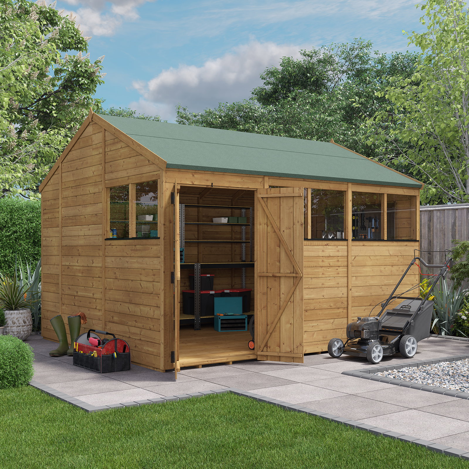 12x10 BillyOh Expert Tongue and Groove Reverse Apex Shed with Windows - Modular Door and Window Layout, Double Doors - Garden Workshop