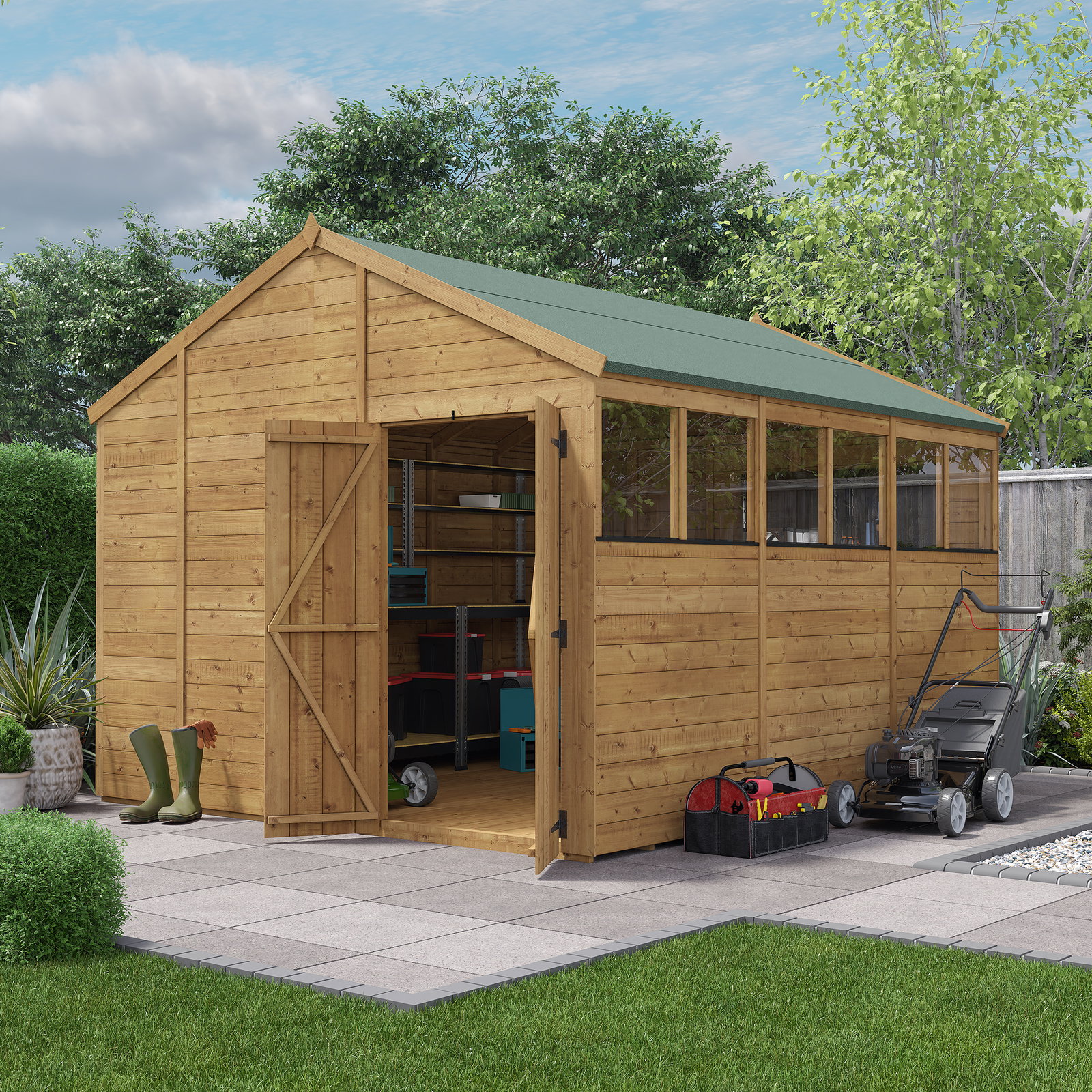 12x10 BillyOh Expert Tongue and Groove Apex Shed with Windows - Modular Door and Window Layout, Double Doors - Garden Workshop
