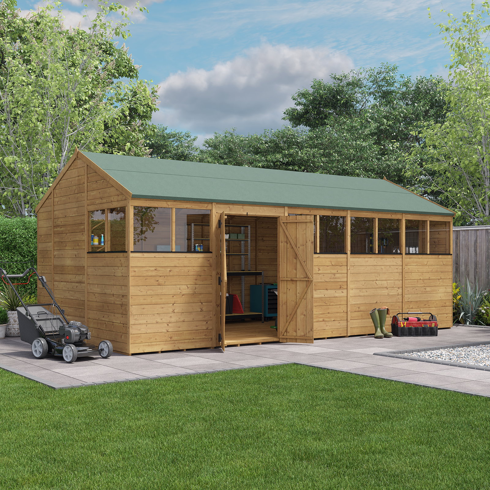 20x10 BillyOh Expert Tongue and Groove Reverse Apex Shed with Windows - Modular Door and Window Layout, Double Doors - Large Shed, Garden Workshop