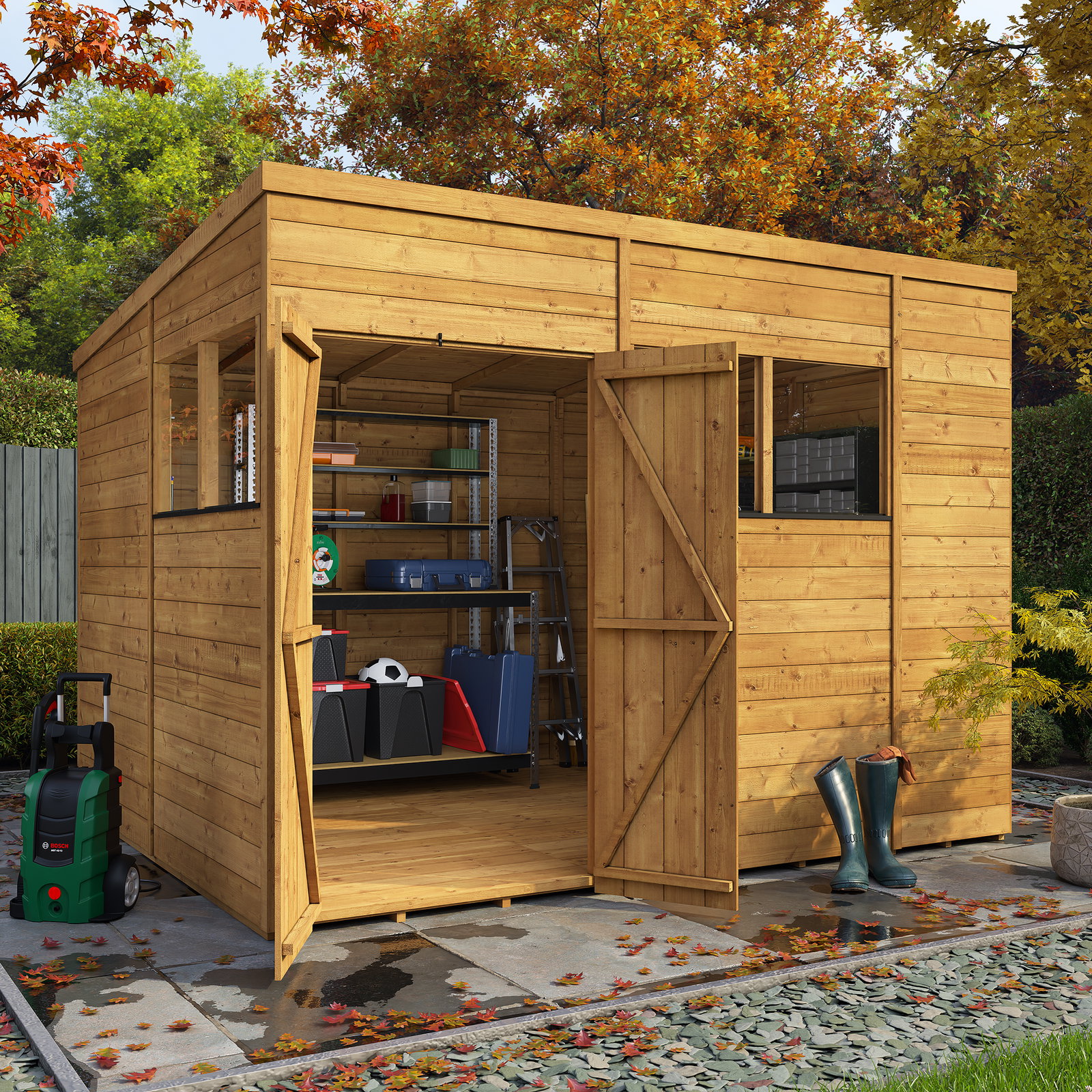 10x8 BillyOh Pro Pent HD 15mm Tongue and Groove Heavy Duty Shed with Windows - Modular Door and Window Layout, Double Doors - Garden Workshop