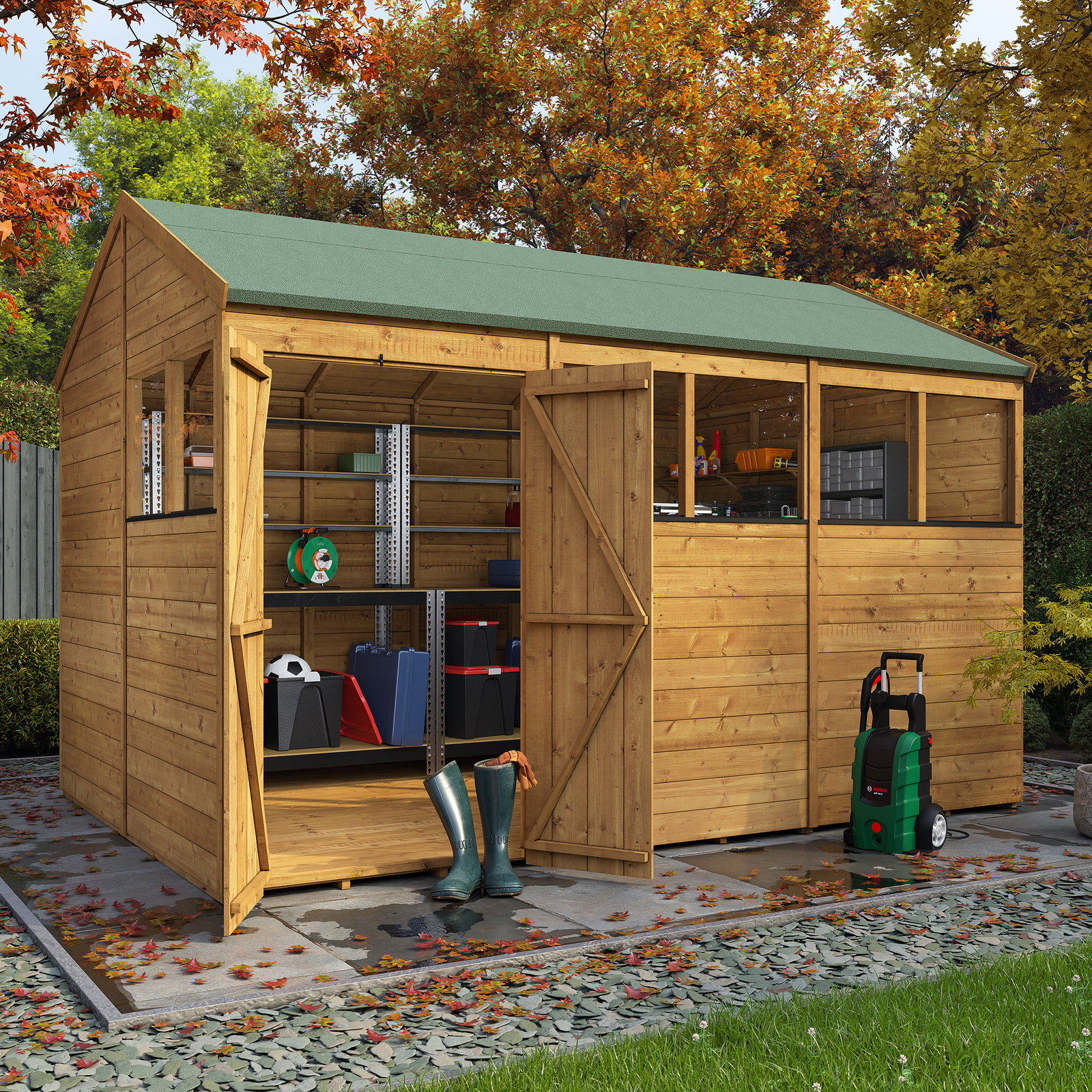 12x8 BillyOh Pro Reverse Apex HD 15mm Tongue and Groove Heavy Duty Shed with Windows - Modular Door and Window Layout - Garden Workshop