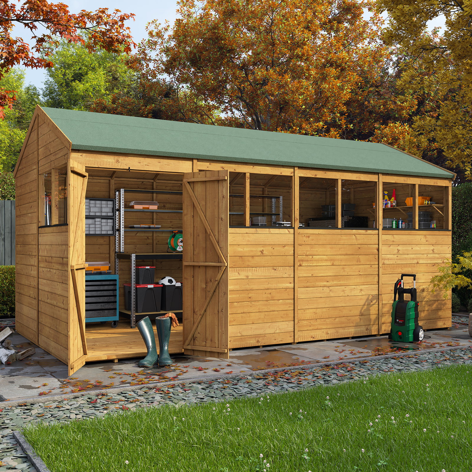 16x8 BillyOh Pro Reverse Apex HD 15mm Tongue and Groove Large Heavy Duty Shed with Windows - Modular Door and Window Layout - Garden Workshop